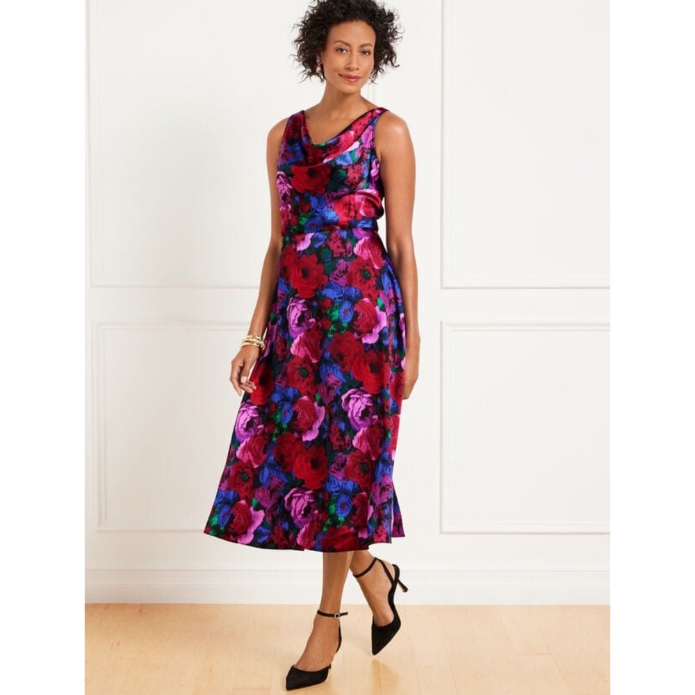 Talbots Midi Dress Womens 6 Multicolor New Floral Satin Cowl Neck A-Line
